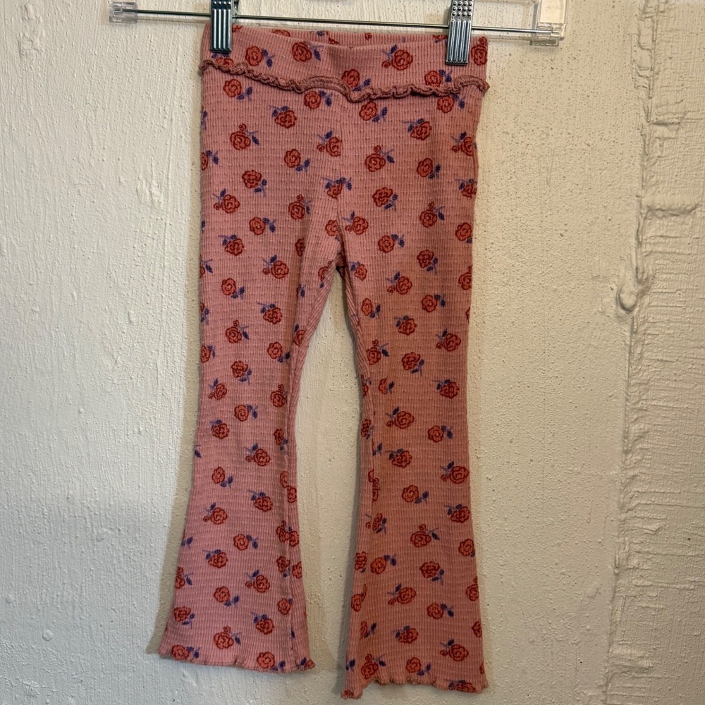 Zara Kids Pink Floral Ribbed Flare Leggings Rose Print Lettuce Trim Size 4 104cm